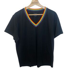 TOMBOYX Men’s Black V Neck Tee with Rainbow Pride Collar Trim